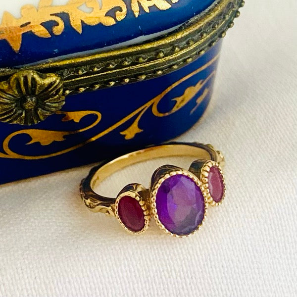 Solid Gold Baroque Amethyst & Ruby Trilogy Ring by Joy Everley