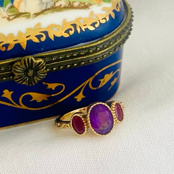 Solid Gold Baroque Amethyst & Ruby Trilogy Ring by Joy Everley