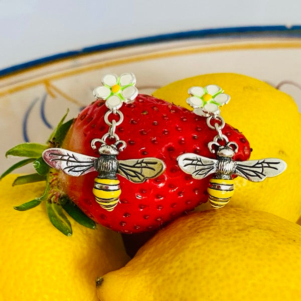 Honey Bee and Strawberry Flower Silver Earrings by Joy Everley