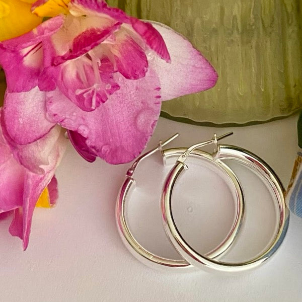 Joy Everley Oval Section Silver Hoop Earrings
