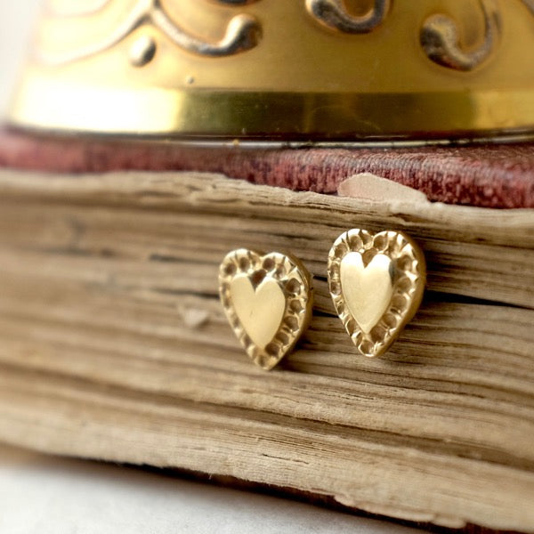 Solid Gold Patterned Heart Ear Studs by Joy Everley