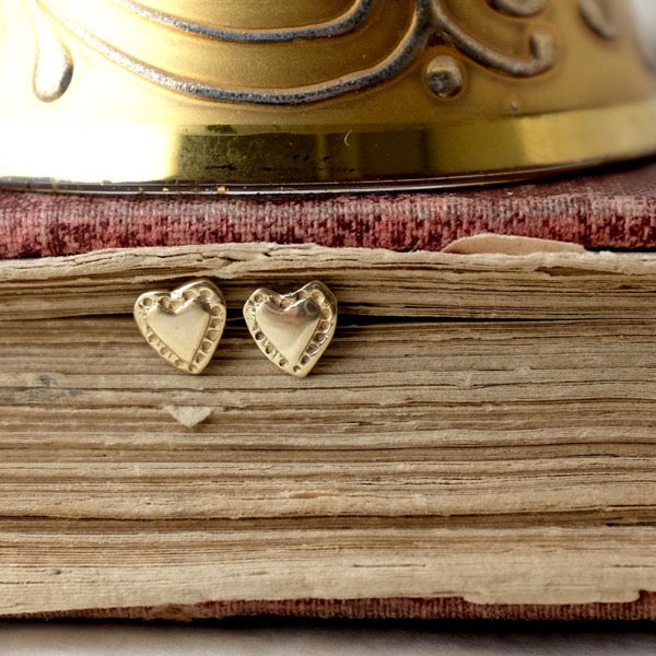 Solid Gold Patterned Heart Ear Studs by Joy Everley