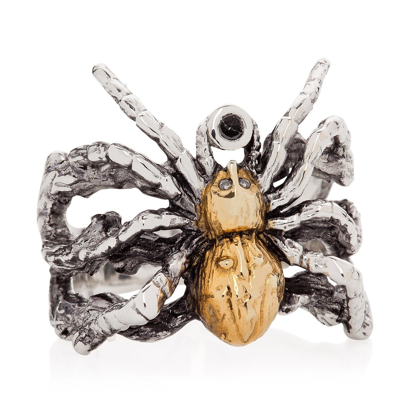 Gilded Spider Ring with black diamond and white diamonds