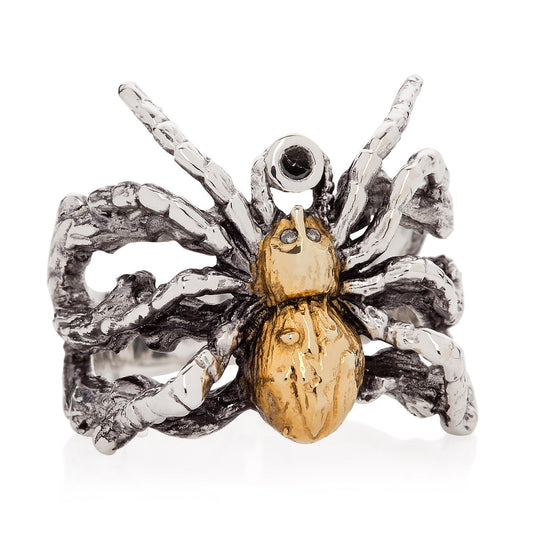Gilded Spider Ring with black diamond and white diamonds