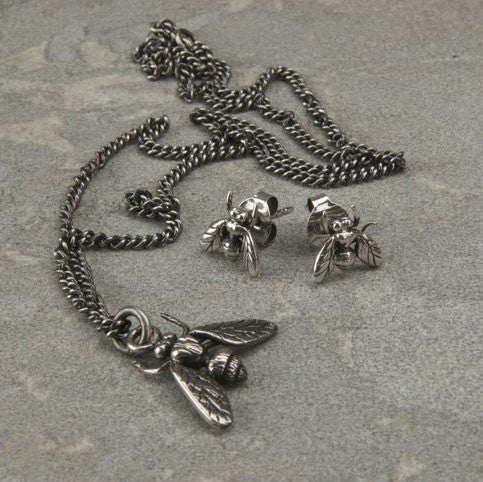 Hoverfly Necklace and Little fly ear stud earrings