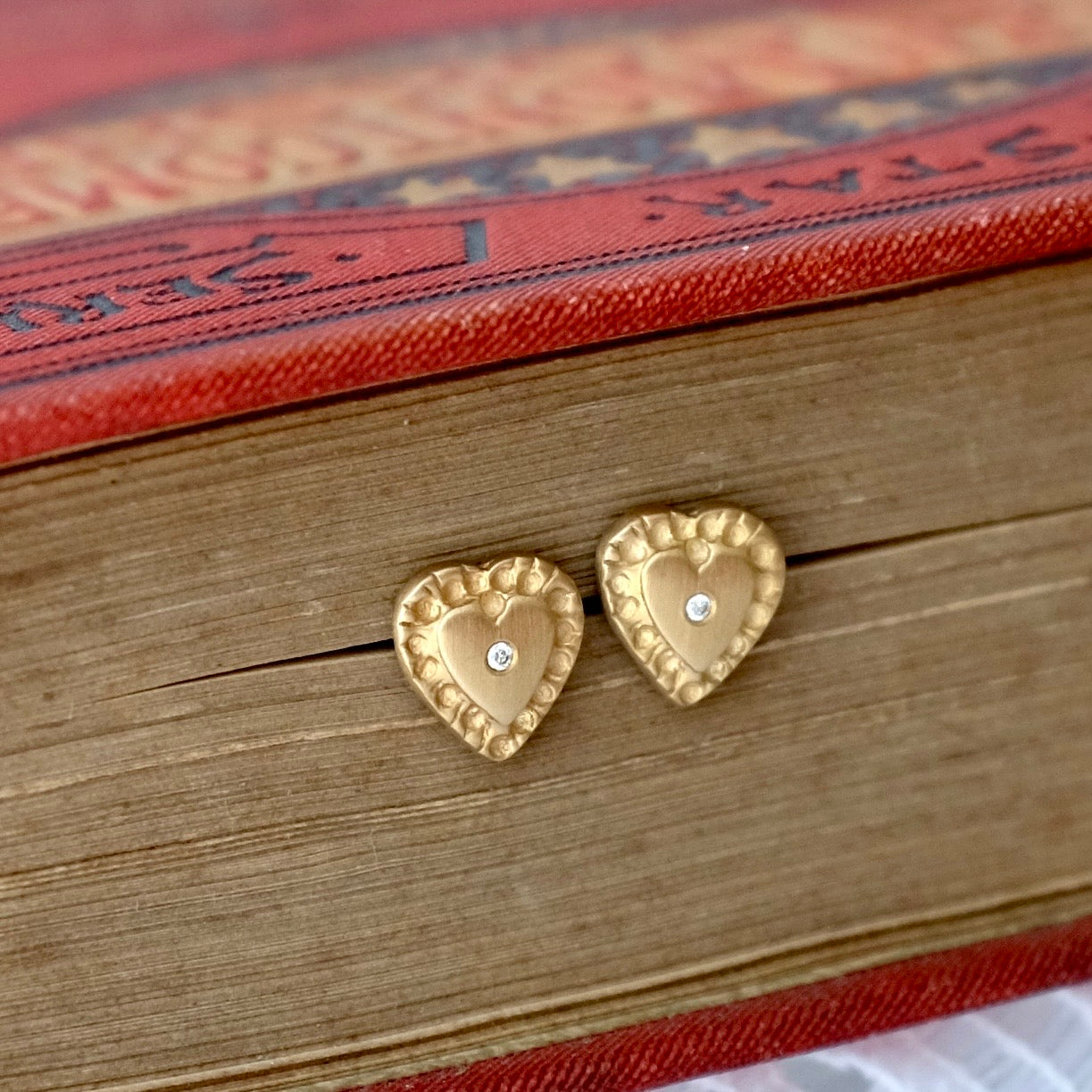 Solid Gold Diamond Heart Ear Studs by Joy Everley