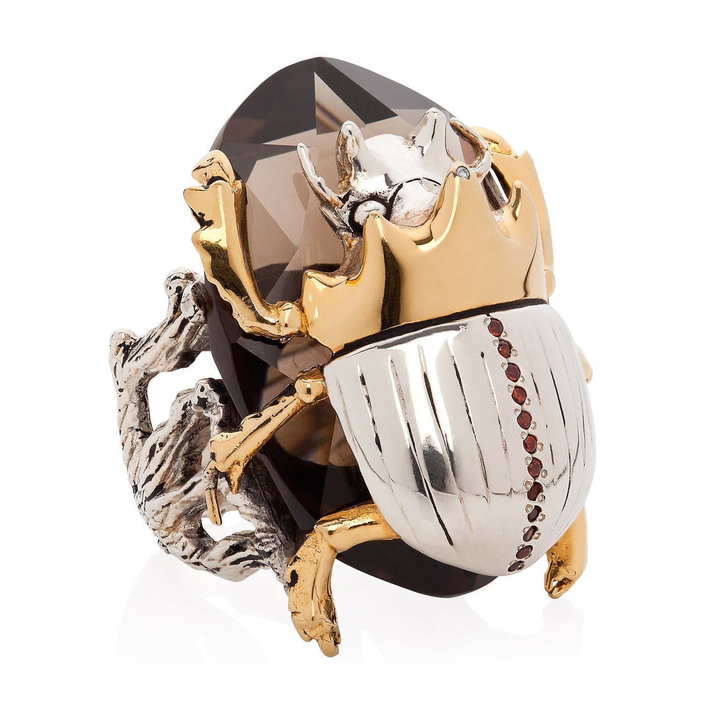 Gilded Scarab Cocktail Ring with garnet diamond smokey quartz