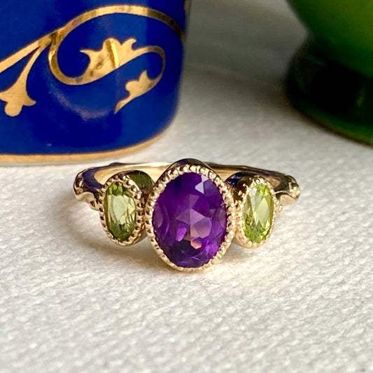 Solid Gold Baroque Amethyst & Peridot Trilogy Ring by Joy Everley