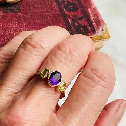 Solid Gold Baroque Amethyst & Peridot Trilogy Ring by Joy Everley