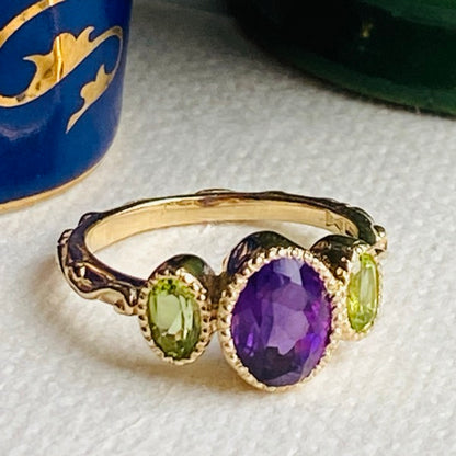Solid Gold Baroque Amethyst & Peridot Trilogy Ring by Joy Everley