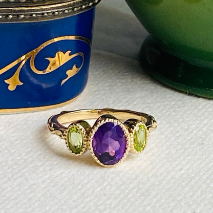Solid Gold Baroque Amethyst & Peridot Trilogy Ring by Joy Everley