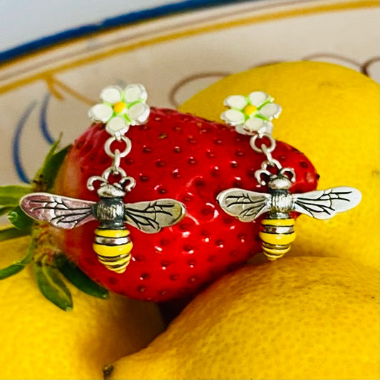 Honey Bee and Strawberry Flower Silver Earrings by Joy Everley