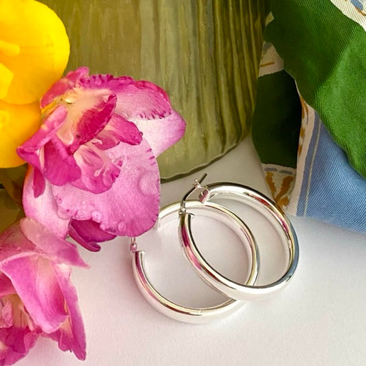 Joy Everley Oval Section Silver Hoop Earrings