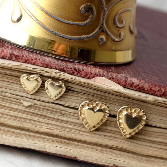 Solid Gold Patterned Heart Ear Studs by Joy Everley