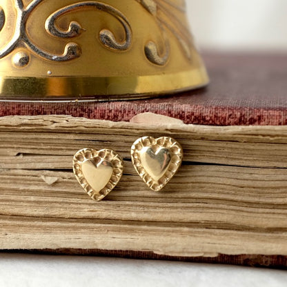 Solid Gold Patterned Heart Ear Studs by Joy Everley