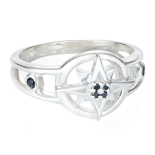 Compass Star Ring with Black Diamonds