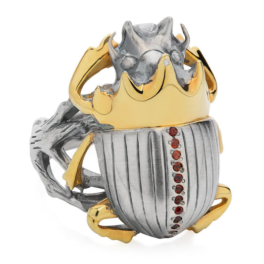 Gilded Scarab Beetle Ring with garnets and diamond