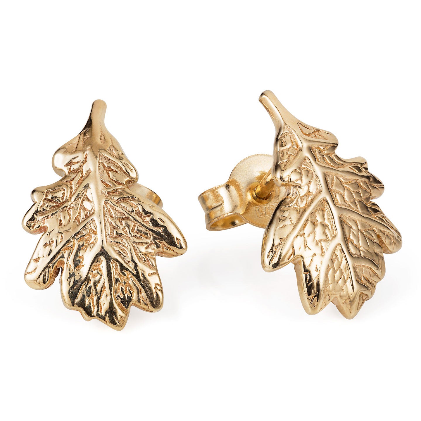 Gold Oak Leaf Ear Studs - Joy Everley Fine Jewellers, London