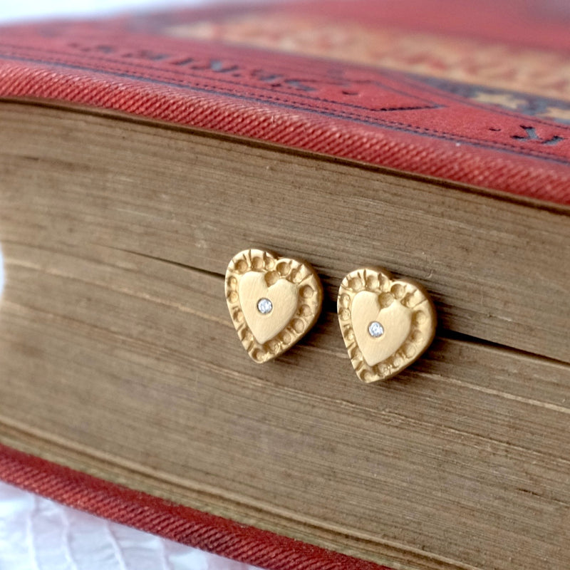 Solid Gold Diamond Heart Ear Studs by Joy Everley