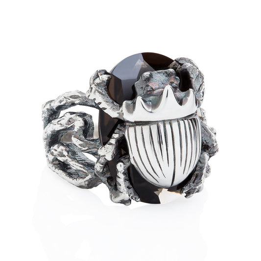 Little Scarab Beetle Cocktail Ring Smokey Quartz