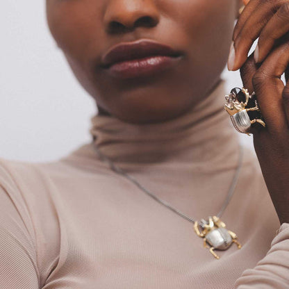 Gilded Scarab Cocktail Ring with garnet diamond smokey quartz