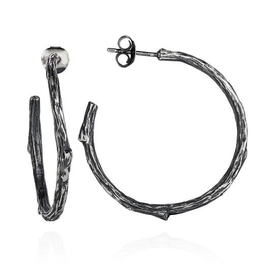 Dark Silver Twig Hoop Earrings