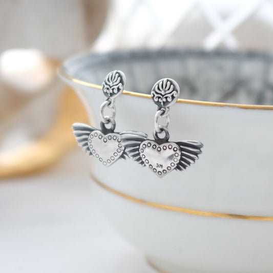 silver baroque winged heart drop earrings