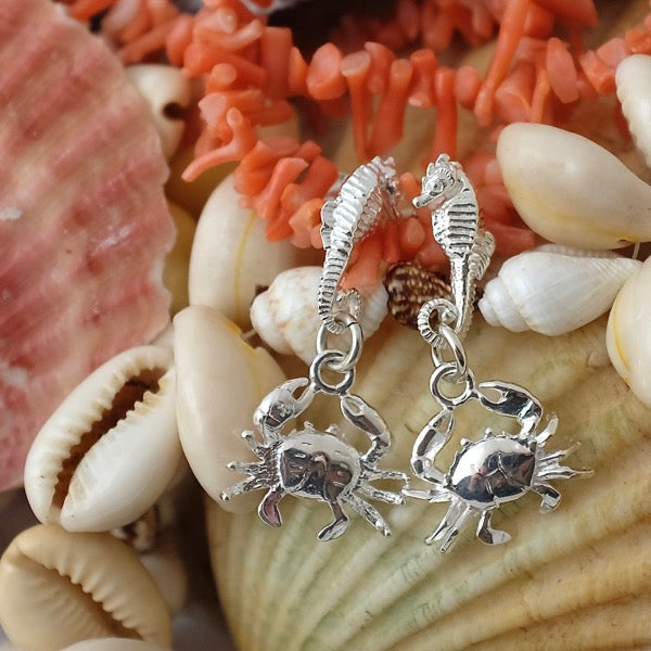 Silver Seahorse and Crab Earrings by Joy Everley