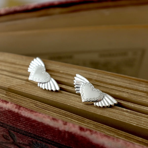 Winged Heart Silver Ear Studs by Joy Everley