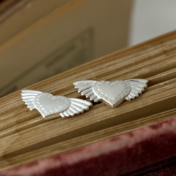 Winged Heart Silver Ear Studs by Joy Everley
