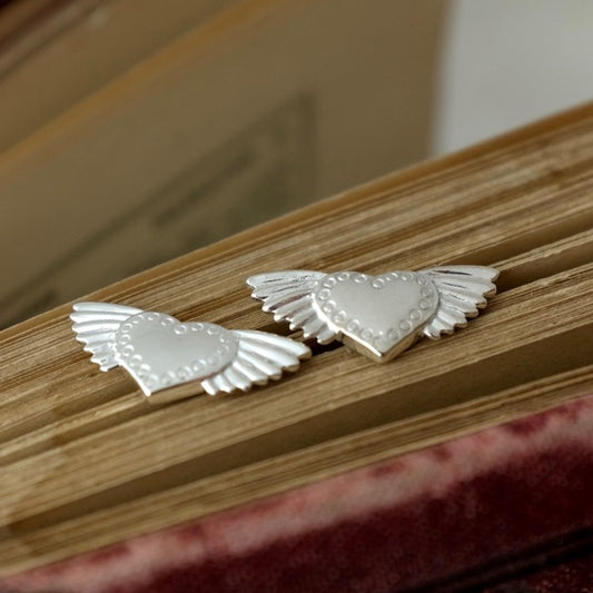 Winged Heart Silver Ear Studs by Joy Everley